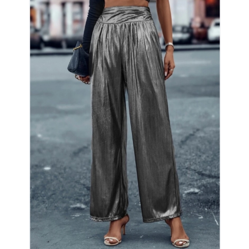 Shein Lune Metallic Silver Lame Disco Mob Wife Party Wide Leg Pants